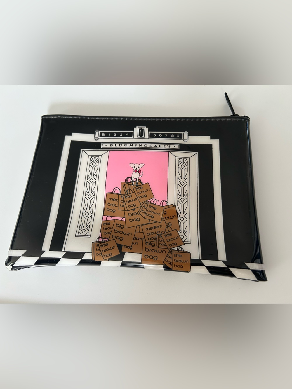Bloomingdale's Black White Pink Dog Shopping Bags Cosmetic Pouch NWOT